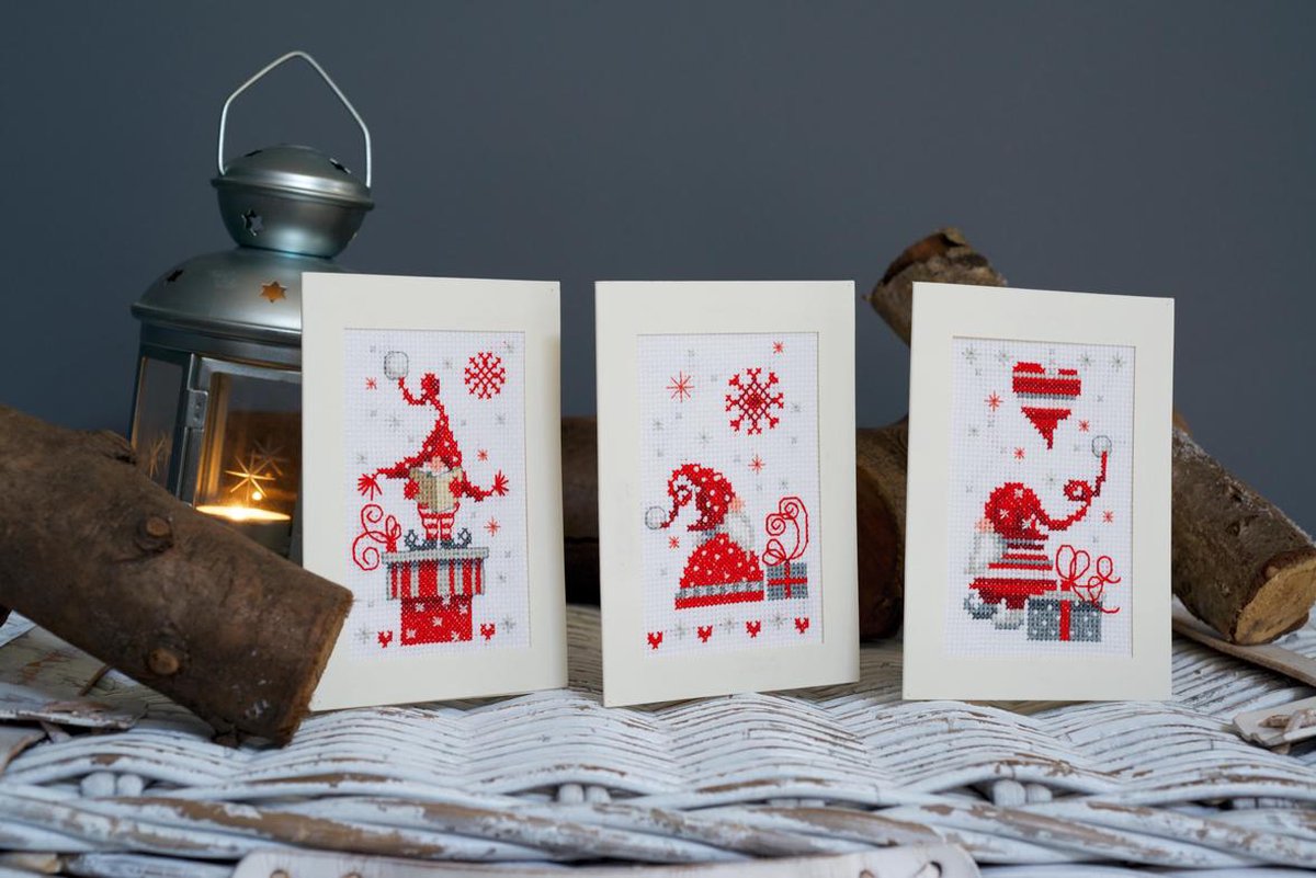 Greeting Card Embroidery Kit - Christmas Gnomes With Gifts - Set Of 3