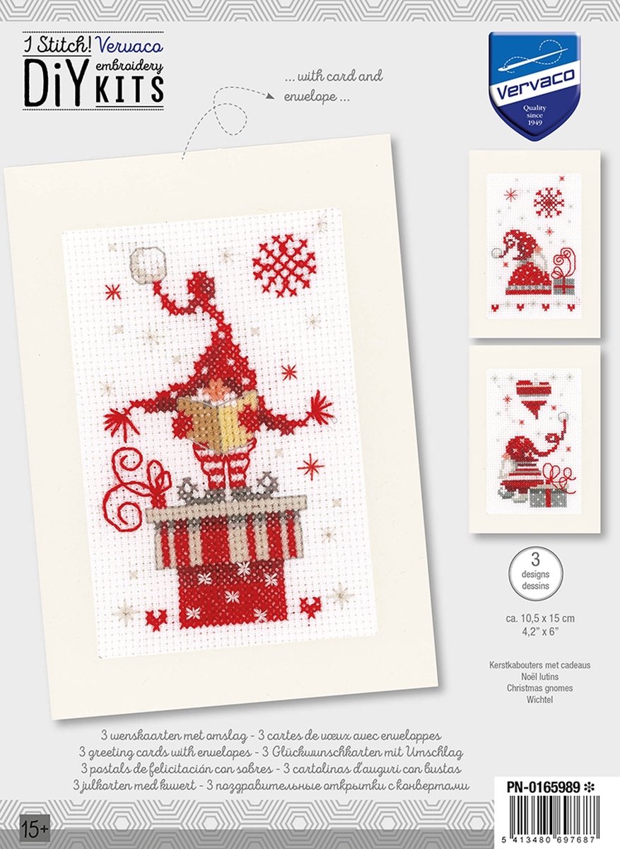 Greeting Card Embroidery Kit - Christmas Gnomes With Gifts - Set Of 3