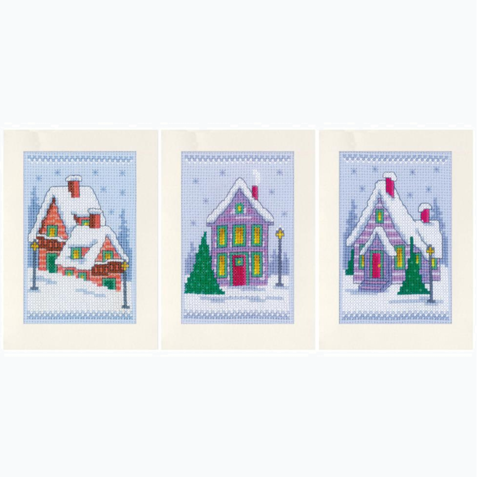 Wenskaart Borduurpakket - Winterhuisjes - Set Van 3