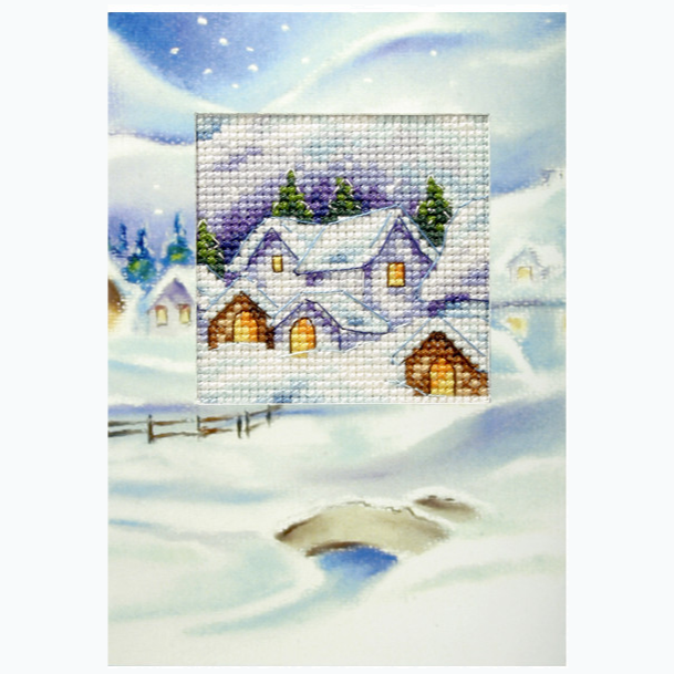 Wenskaart Borduurpakket - Kerst - Besneeuwde Huizen SA6195