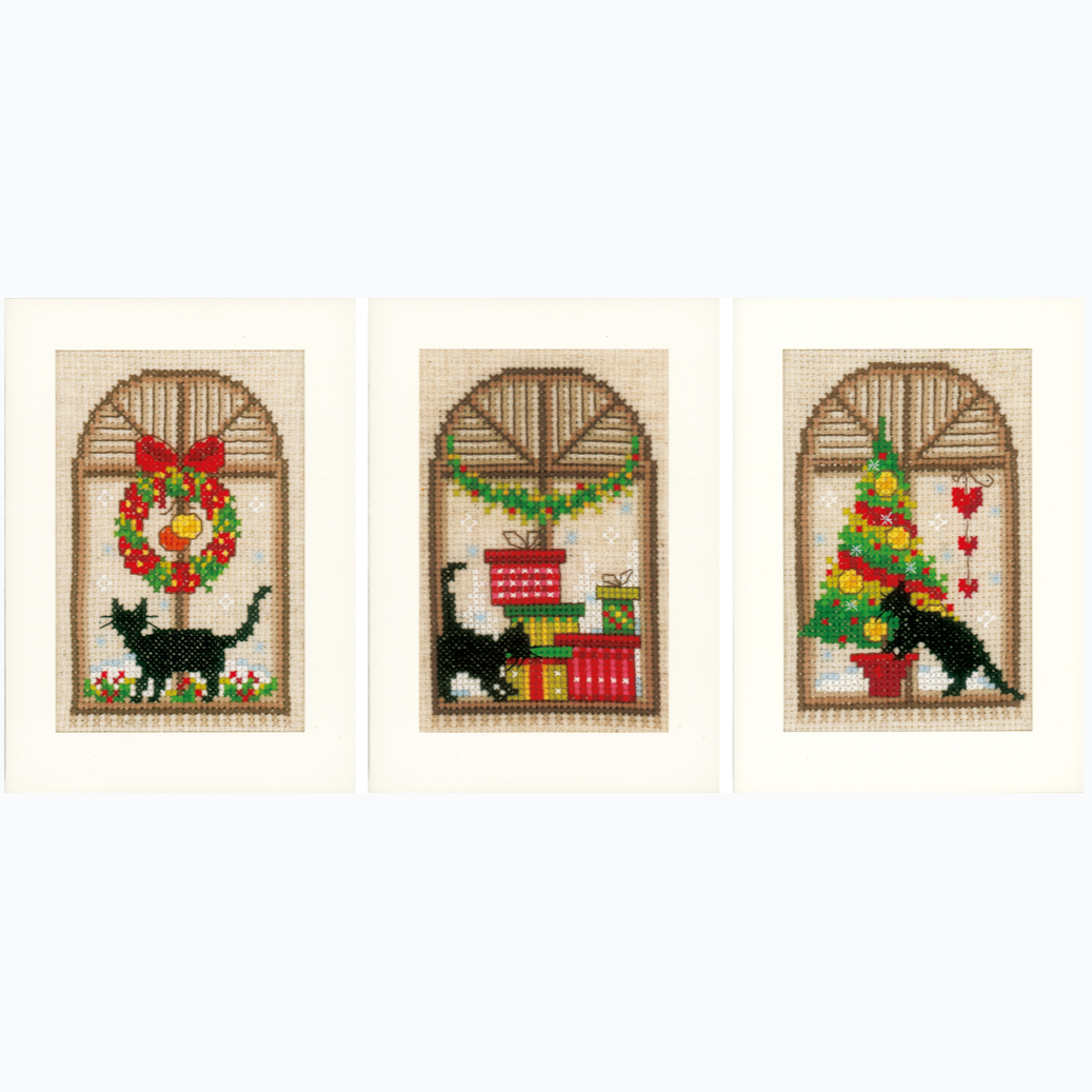 Wenskaart Borduurpakket - Kerstsfeer Met Kat - Set Van 3