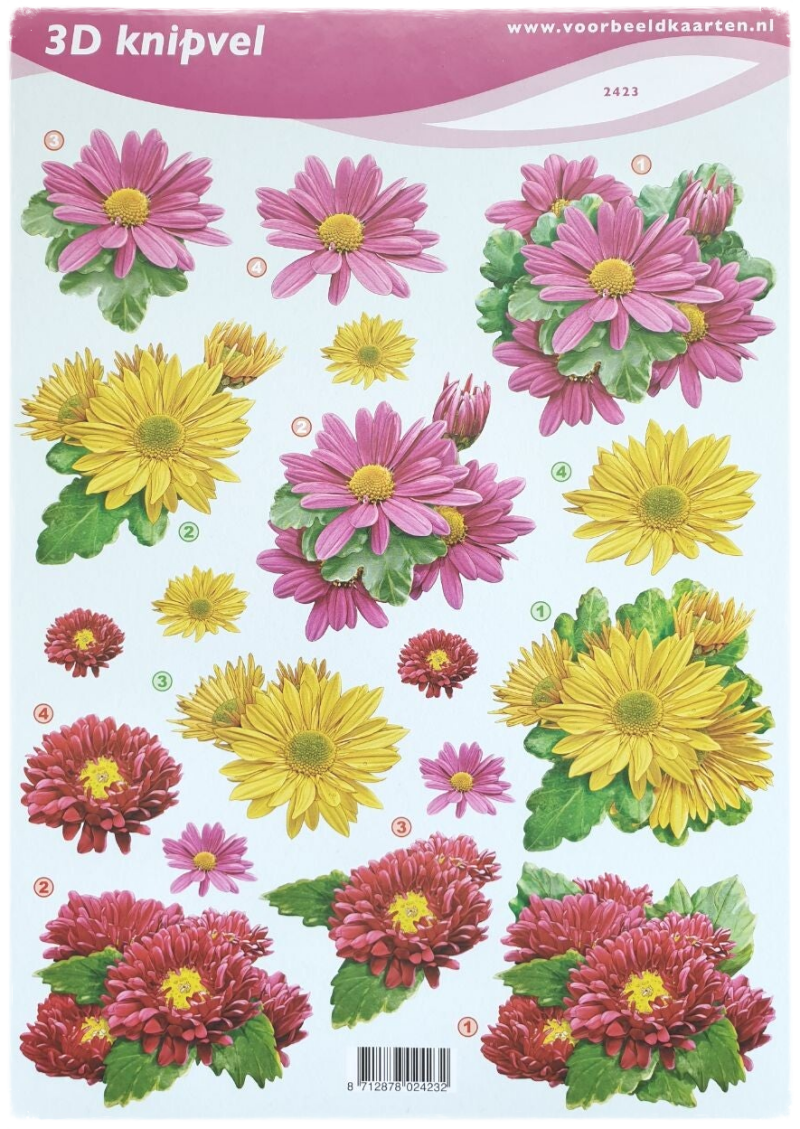 3D Knipvel - Gele en Roze Bloemen - 2423