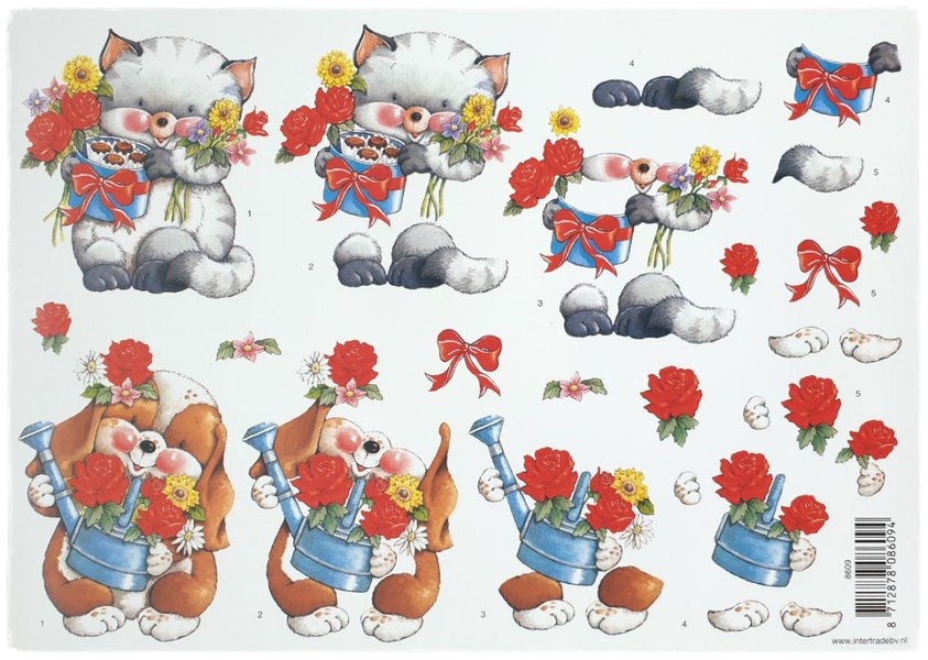 3D Knipvel - Kat en Hond met Bloemen en Geschenk - 8609
