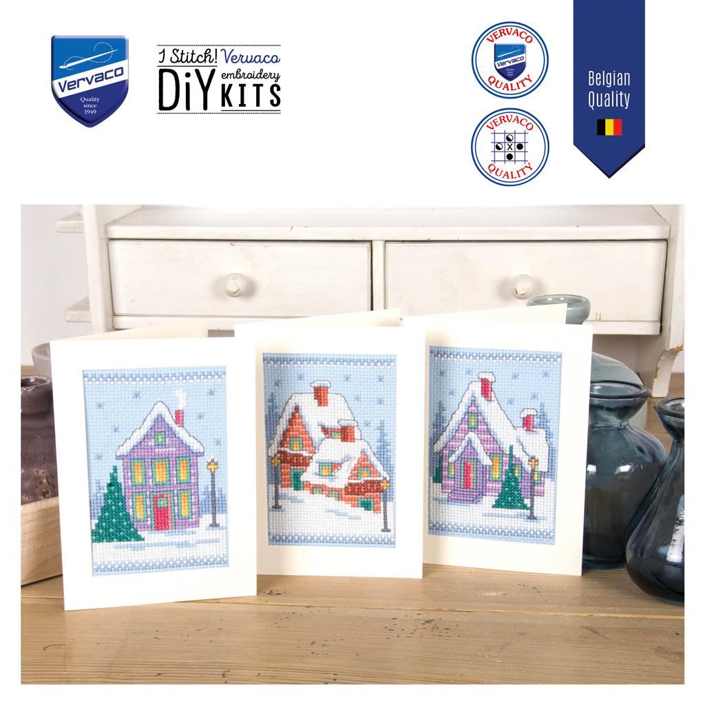 Wenskaart Borduurpakket - Winterhuisjes - Set Van 3