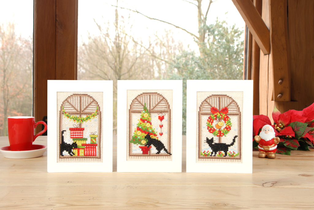 Wenskaart Borduurpakket - Kerstsfeer Met Kat - Set Van 3