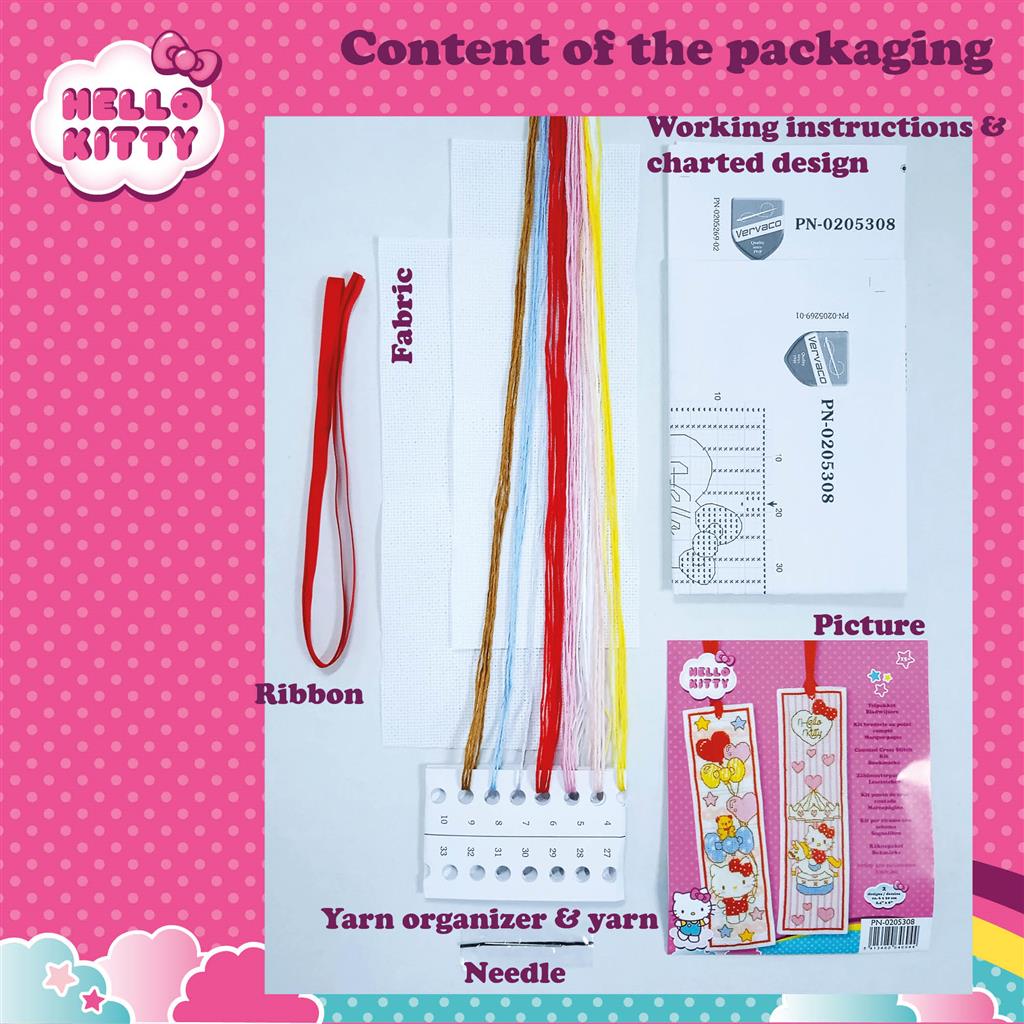Borduurpakket - Bladwijzer Kit Hello Kitty - Doodle Heart Set van 2