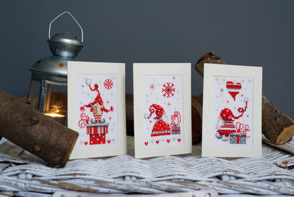 Wenskaart Borduurpakket - Kerstkabouters Met Cadeaus - Set Van 3