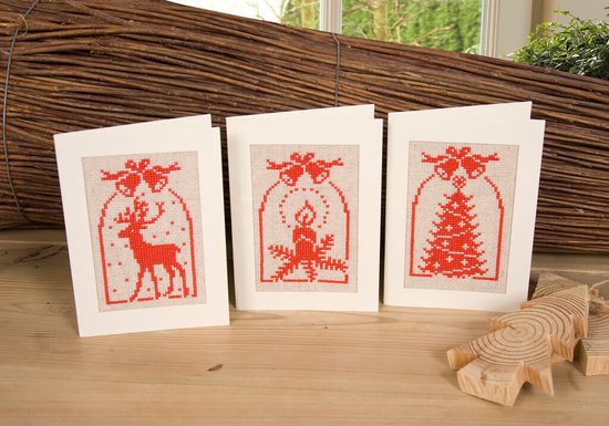 Greeting Card Embroidery Kit - Red Christmas Figures - Set of 3