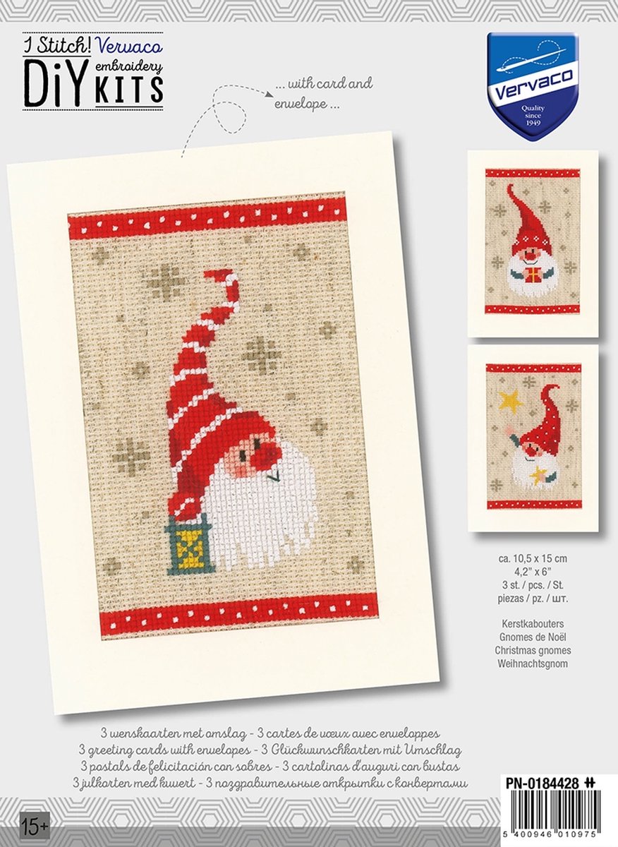 Greeting Card Embroidery Kit - Christmas Gnomes 4 - Set of 3