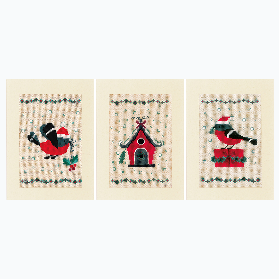 Wenskaart Borduurpakket - Kerstvogeltje en Huisje - Set Van 3