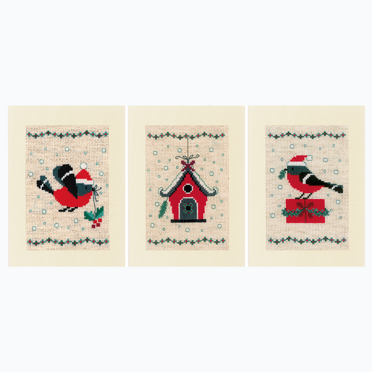 Greeting Card Embroidery Kit - Christmas Bird and House - Set of 3