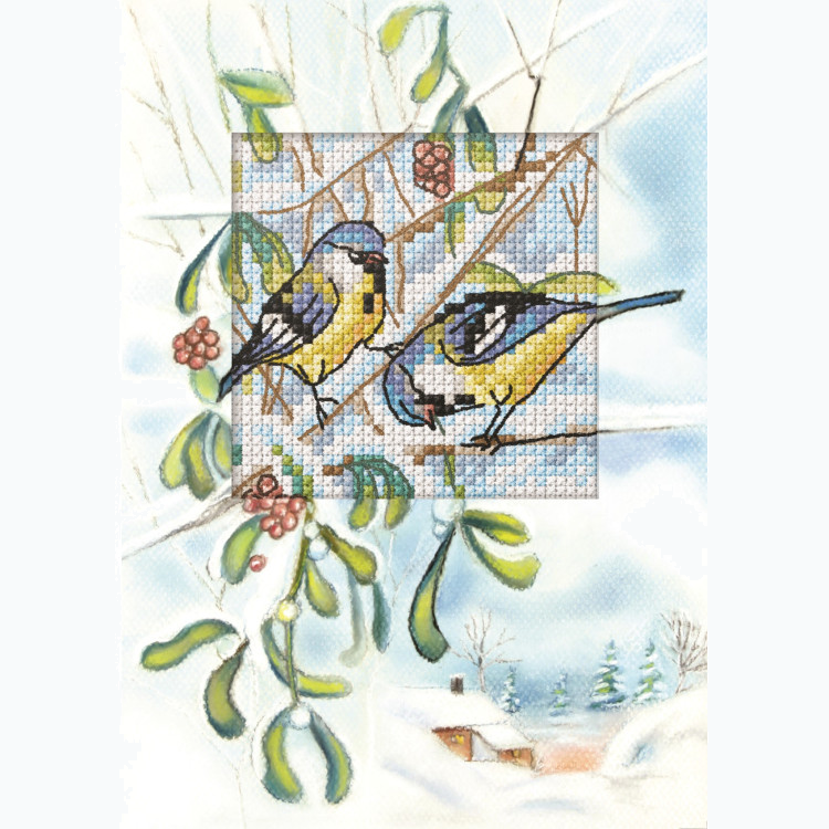 Kit de broderie pour cartes de vœux - Noël - Poussins sur le gui SA6268