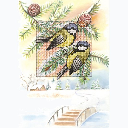 Wenskaart Borduurpakket - Kerst - Meesjes In De Sneeuw SA6269