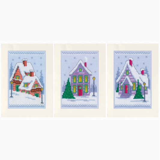Wenskaart Borduurpakket - Winterhuisjes - Set Van 3