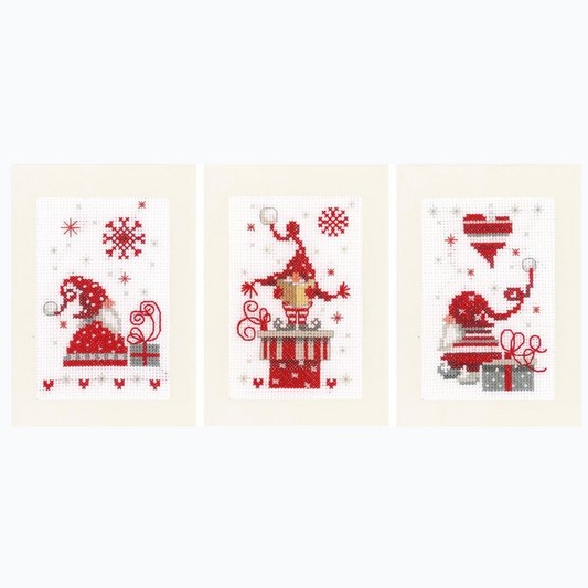 Wenskaart Borduurpakket - Kerstkabouters Met Cadeaus - Set Van 3