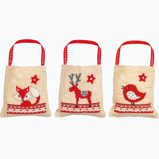 Kit de broderie - Sacs cadeaux - Animaux de Noël - Lot de 3
