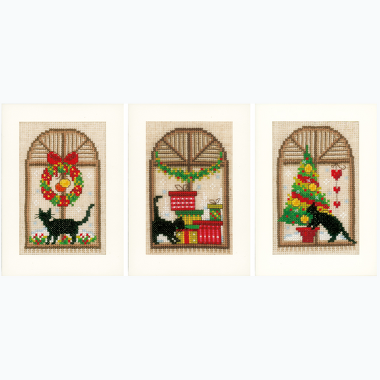 Wenskaart Borduurpakket - Kerstsfeer Met Kat - Set Van 3