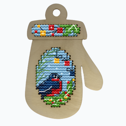 Borduurpakket Kerstboomhanger - Christmas mitten, Bullfinch (Kind Fox by Wizardi)