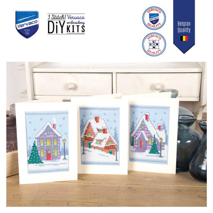 Wenskaart Borduurpakket - Winterhuisjes - Set Van 3