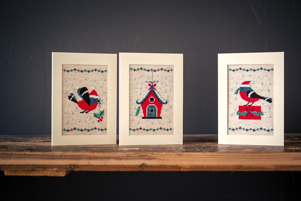 Wenskaart Borduurpakket - Kerstvogeltje en Huisje - Set Van 3
